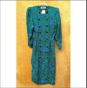FLAWED Vintage 80s Adrianna Papell green silk floral dress 10